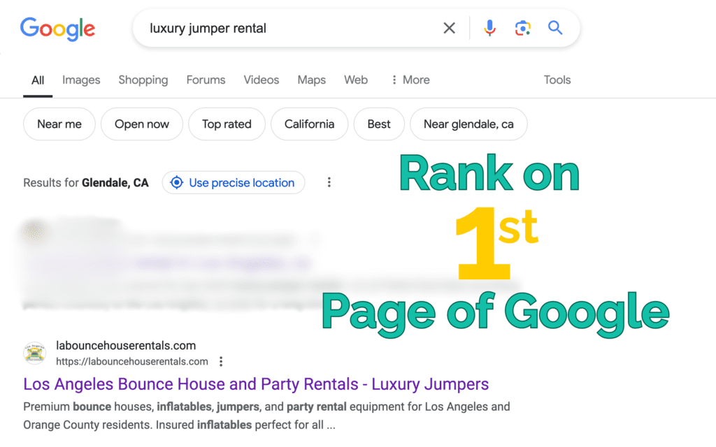 Image of Los Angeles Bounce House and Party Rentals Ranking on the first page of Google for "Luxury jumper rental." This image is used to show that our company offers search engine optimization (SEO) services.