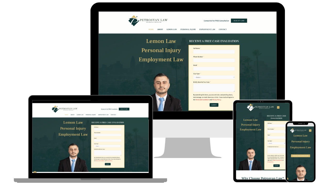 image of petrosyanlawpc.com being displayed on a monitor, laptop, tablet, and phone. This image is used to display previous work with responsive layouts.